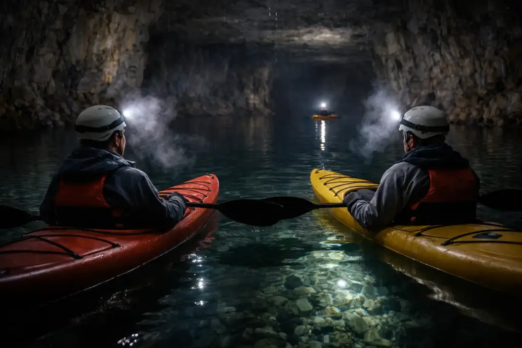 Kayakers wearing light layers inside a cold flooded limestone mine