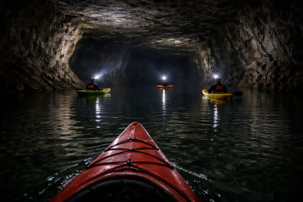 Kayaking through a flooded cavern