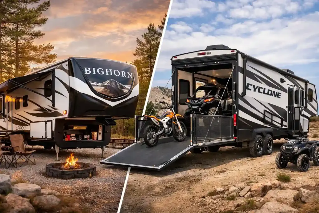 Bighorn luxury fifth wheel and Cyclone toy hauler RVs