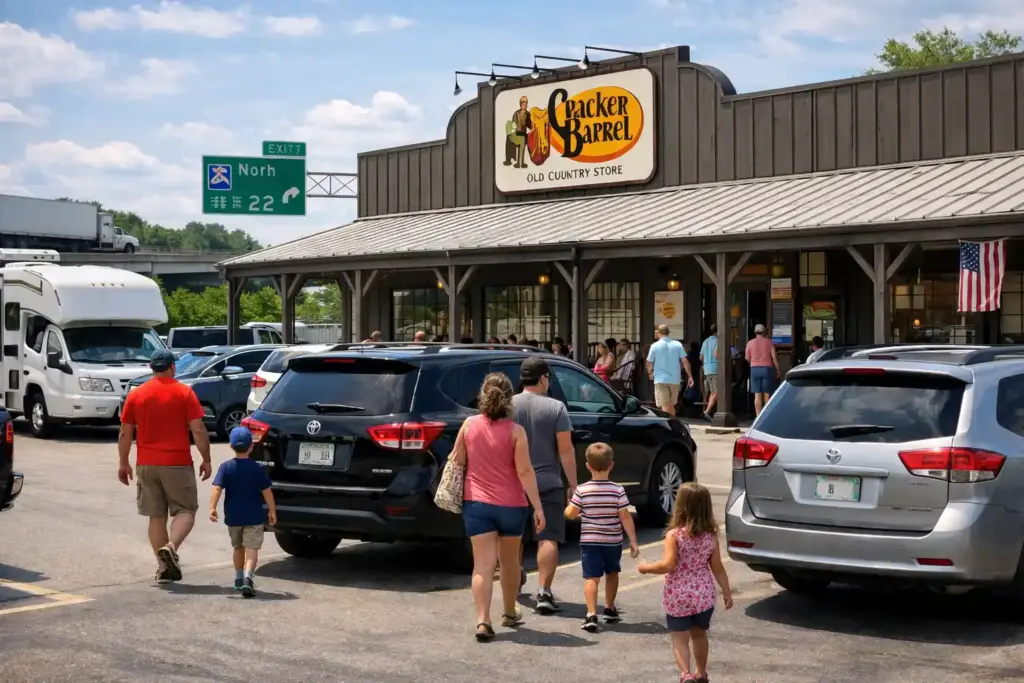 Cracker Barrel restaurant near a highway with families and RVs stopping during a July 4th road trip