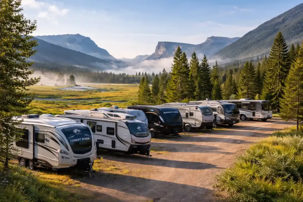 Forest River RVs parked at a national park campground