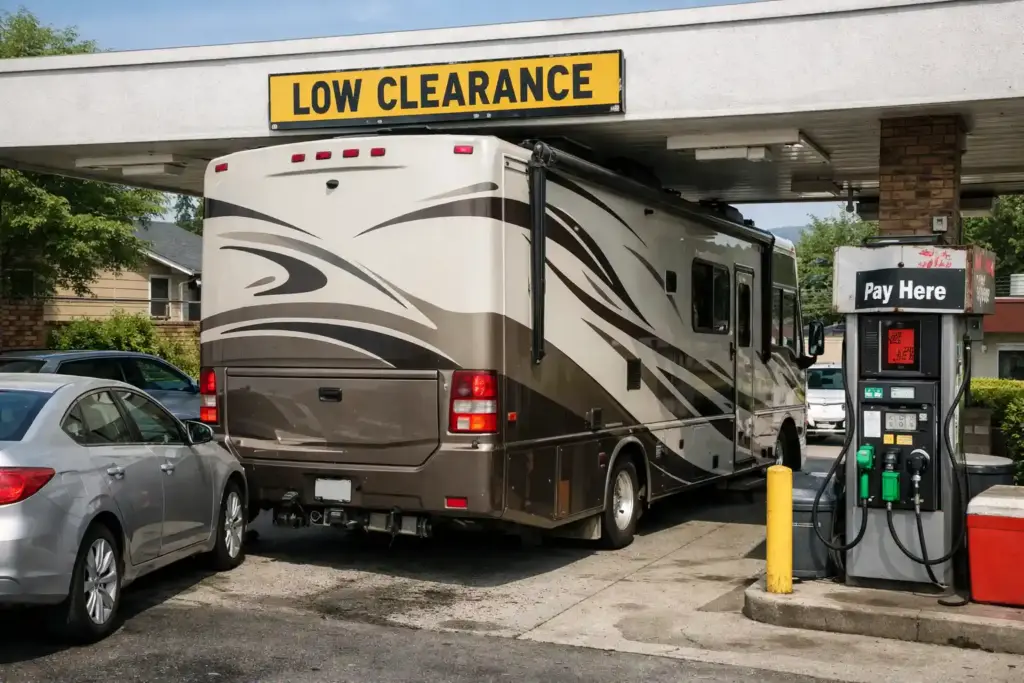 Motorhome navigating a tight gas station with low canopy and limited turning space