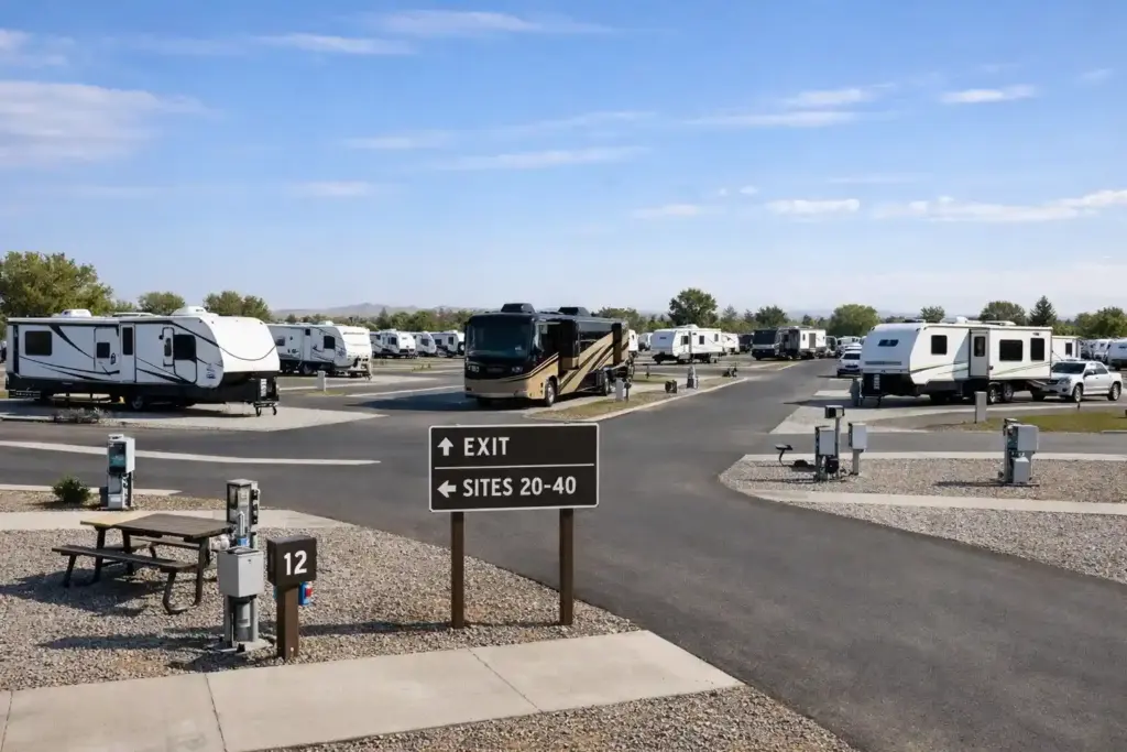 Organized RV campground with standardized sites, hookups, and clear access lanes for predictable travel stays