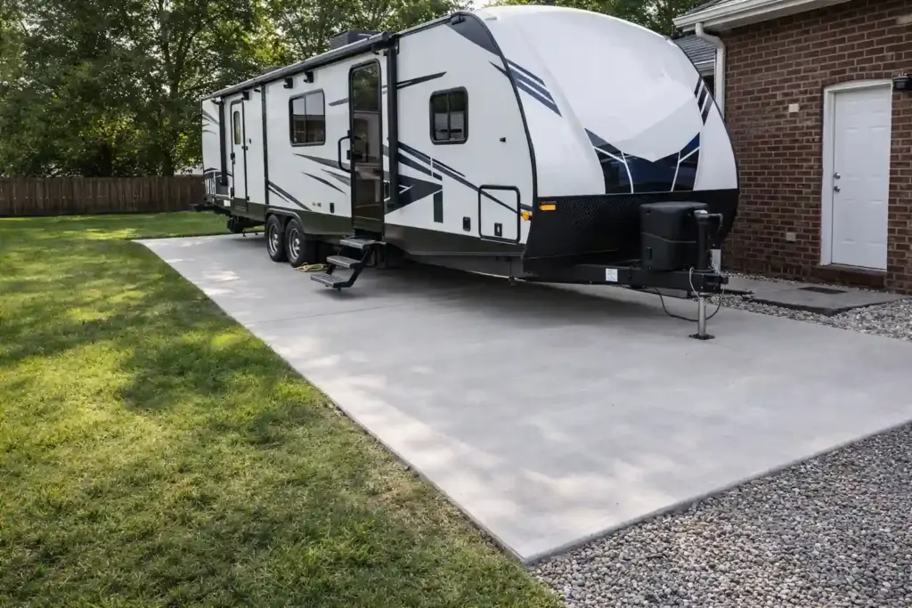 RV parked on a concrete pad beside a residential home