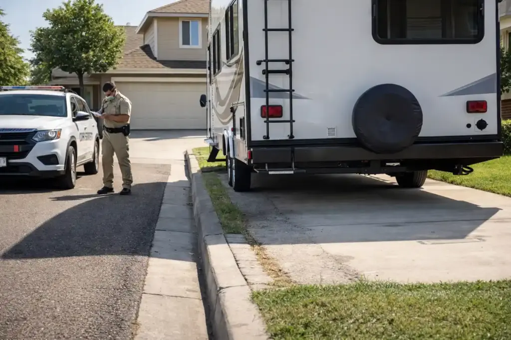 RV parked too close to the curb in a residential driveway