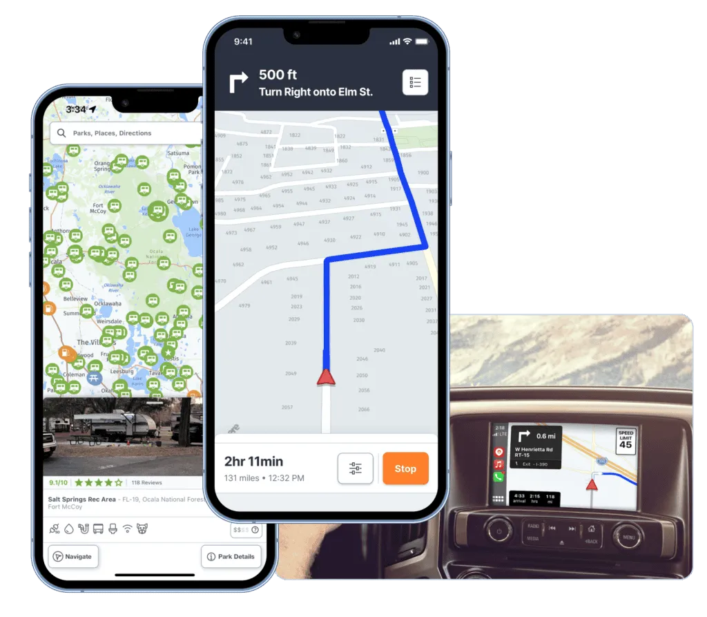 RV traveler using a navigation app to check satellite view of an RV friendly gas station
