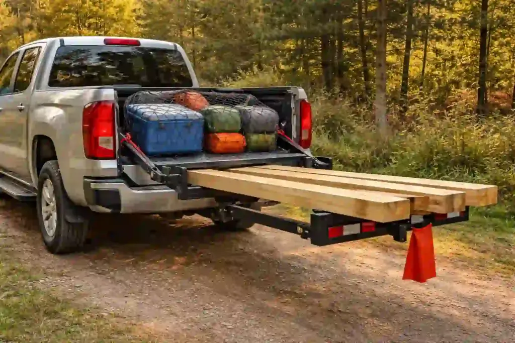truck bed extender supporting long kayak safely